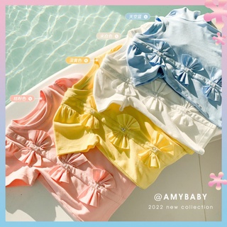 [Last new] 2022 summer girls macaron color solid color bow short sleeve T baby girl personality trendy T