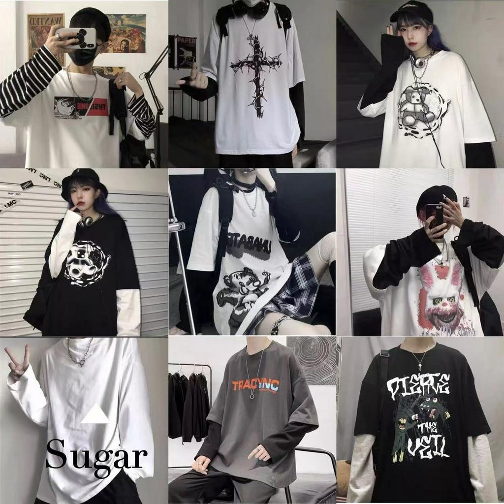 Sugar พร้อมส่ง เสื้อยืดผู้หญิง เสื้อแฟชั่นเกาหลี คอกลมโอเวอร์ไซด์แขนยาวสกรีนลายการ์ตูน ต่อเเขนยาว (036)