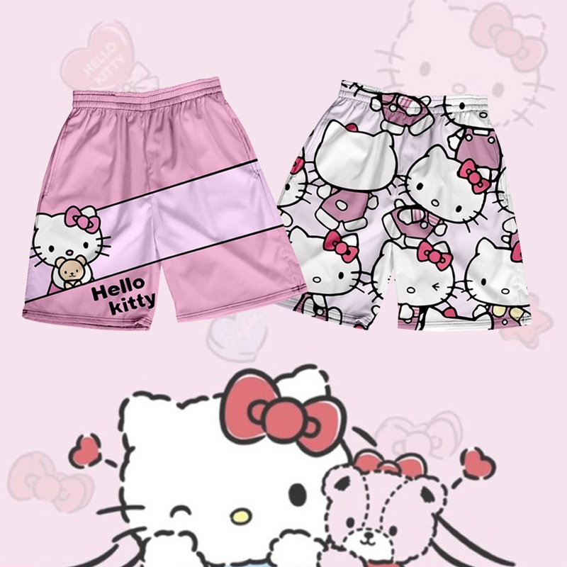 กางเกงขาสั้นลําลอง ทรงหลวม เข้ารูป พิมพ์ลาย Hello Kitty แฟชั่นฤดูร้อน สําหรับผู้ชาย และผู้หญิง