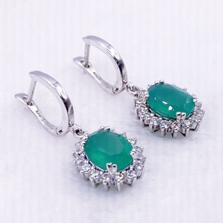 L6410 ต่างหูพลอยโมราแท้  ( Chrysoprase ) แบบอิงลิชล็อค ตัวเรือนเงินแท้ 925 ชุบทองคำขาว