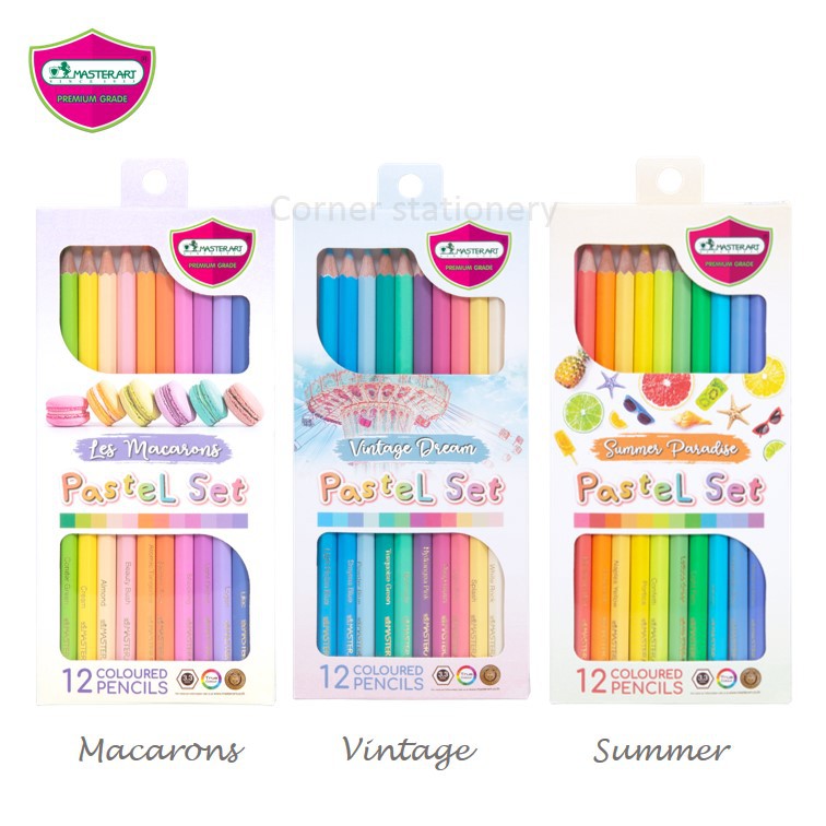 สีไม้พาสเทล 12 สี ตรา มาสเตอร์อาร์ต Master Art 3 รุ่น 3 แบบ vintage,summer,macarons สีนุ่มสบายตา