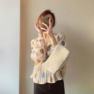 เสื้อชีฟองลายจุดแขนยาวคอวีเสื้อชีฟอง Womens ผ้านุ่ม