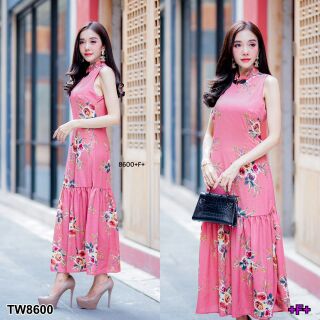 Maxi Dress แขนกุด ชายระบาย คอจีนสไตล์กี่เพ้า