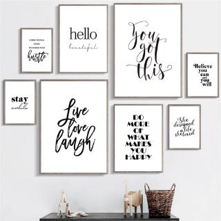 Live Love Laugh Inspiring Quotes Wall Art ภาพวาดผ้าใบสีด ําสีขาวตกแต่งบ้าน Al 132