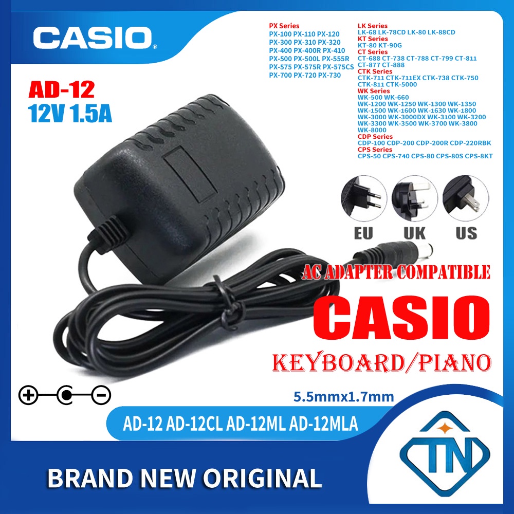 อะแดปเตอร์ชาร์จ 12V 1.5A AD-12ML AC สําหรับเปียโนไฟฟ้า Casio CTK-711(EX) CTK-731 CTK-738 CTK-750 CTK-811(EX) CTK-5000