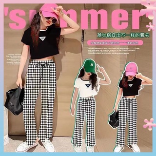 Tiktok same style childrens suit New girls cotton short-sleeved T-shirt trousers suit girls suit summer flared pants