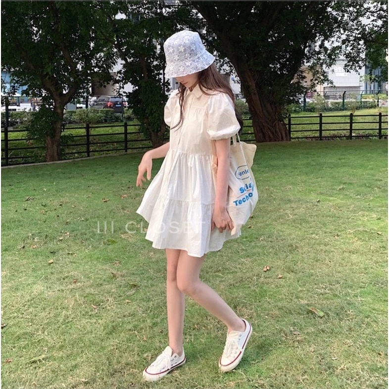 มินิเดรสสั้น lll Freesize lll ZZ001 คอปก กระดุมหน้า แขนตุ๊กตา ชุดเย็บระบายเป็นชั้นๆ เนื้อผ้าไหมอิตาลี