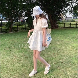 มินิเดรสสั้น lll Freesize lll ZZ001 คอปก กระดุมหน้า แขนตุ๊กตา ชุดเย็บระบายเป็นชั้นๆ เนื้อผ้าไหมอิตาลี