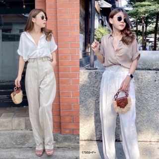 PE17959 Set 2ชิ้น เสื้อเชิ้ตแขนสั้น เย็บพับแขนเบิ้ล