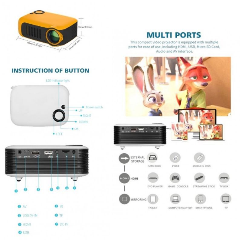 TRANSJEE A2000 320x240P 1000 ANSI Lumens Mini Home Theater HD Digital Projector, Plug Type: US Plug(White)
