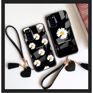 เคสโทรศัพท์มือถือกระจกนิรภัย แบบแข็ง ลายดอกเดซี่ พร้อมสายคล้อง สําหรับ OPPO A52 A72 A92 A92S A81 A91 A41 A1K A52 A72