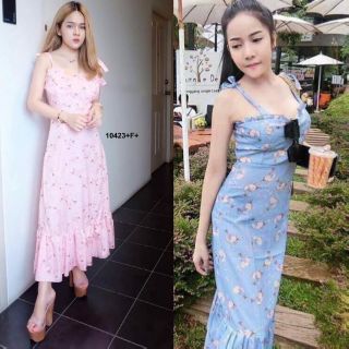 &lt;TW10423&gt;Dress เดรสยาว ผ้าไหมอิตาลี่ พิมดอกไม้ ดีเทลไหล่ผูกโบว์ มีซิปหลัง ชายเดรสแต่งระบายรอบๆ