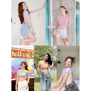 💓sexy pastel crop ครอปโชว์หลังแขนสั้นผ้าร่องเล็ก สีโทนพาสเทล