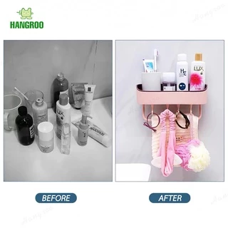HANGROO H550 ที่ใส่ของติดผนัง GQ ที่วางของพร้อมราวแขวนและตะขอ ไม้ต้องเจาะผนัง H550