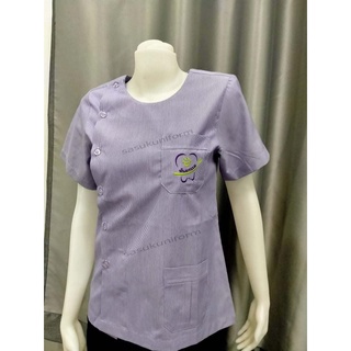 เสื้อริ้วม่วงขาว เสื้อสาธารณสุข เสื้ออนามัย เสื้อกาวน์   คอกลม ผู้หญิง