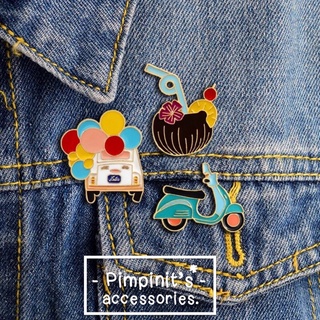 🇹🇭 พร้อมส่ง : 🚙🛵 เข็มกลัดเซ็ทรถบอลลูน, เวสป้าและมะพร้าว | Ballon Car, Vespa &amp; Coconut Enamel Brooch Pin Set.