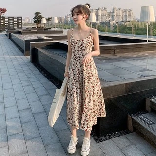 SGH0048 เดรสยาวลายดอกไม้สีแดง กระโปงพริ้ว ผ้านิ่มใส่สบาย