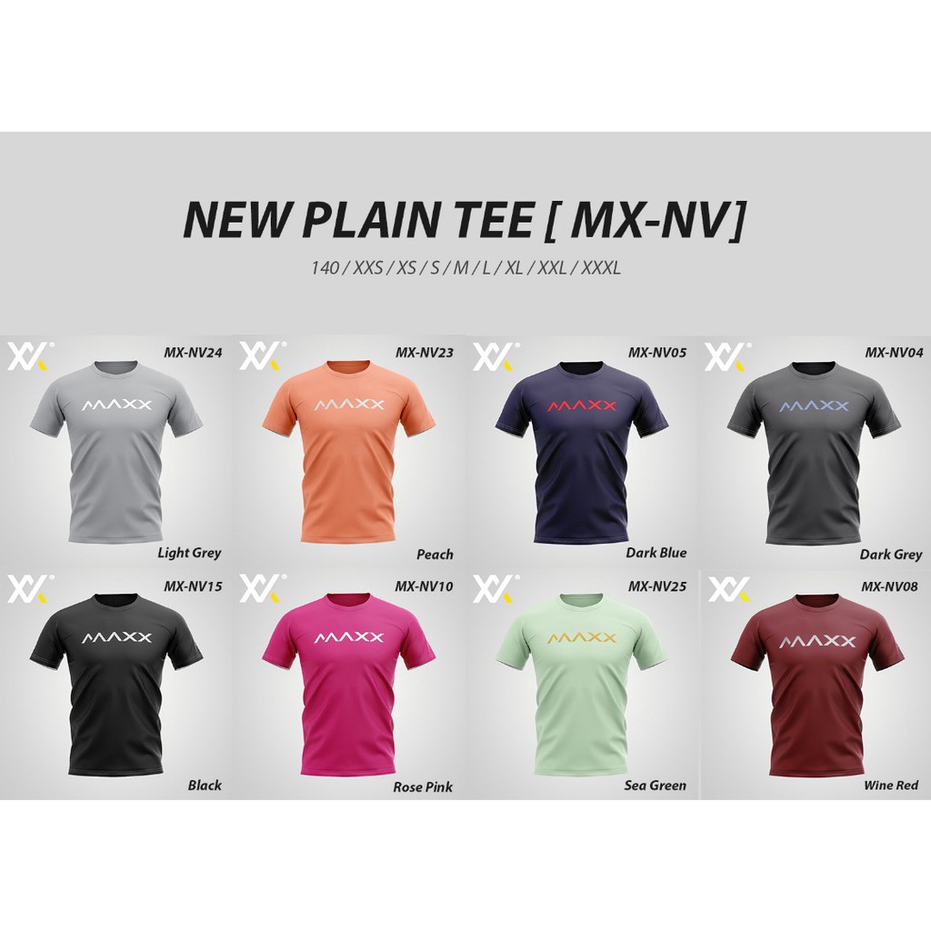 Maxx New Plain Tee Badminton Jersey Sports Outdoor T-Shirt (พีช, สีเทาอ่อน, ชมพูกุหลาบ, ดํา)