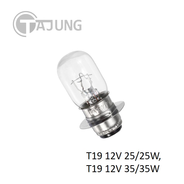 หลอดไฟหน้า มอเตอร์ไซค์ T19 12V 25/25W, 35/35W, 40/40W  ขั้ว 2 จุด (2 หลอด / 10 หลอด)