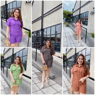 Size up ชุดเซ็ต 2 ชิ้น สาวอวบ เสื้อคอปกแต่งกระเป๋า อก 48” Bigsize Oversize กางเกงขาสั้น เอว 38”