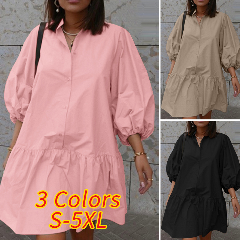 ZANZEA Women Casual ONeck Solid Ruffles Hem Shirts Puff Sleeve Mini