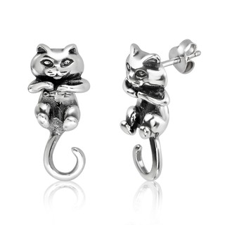 MachuSilver ต่างหูเงินแท้ 925 Sterling Silver รูปแมวแบบ 3D แบบ 2 ตอน พร้อมถุงกำมะหยี่