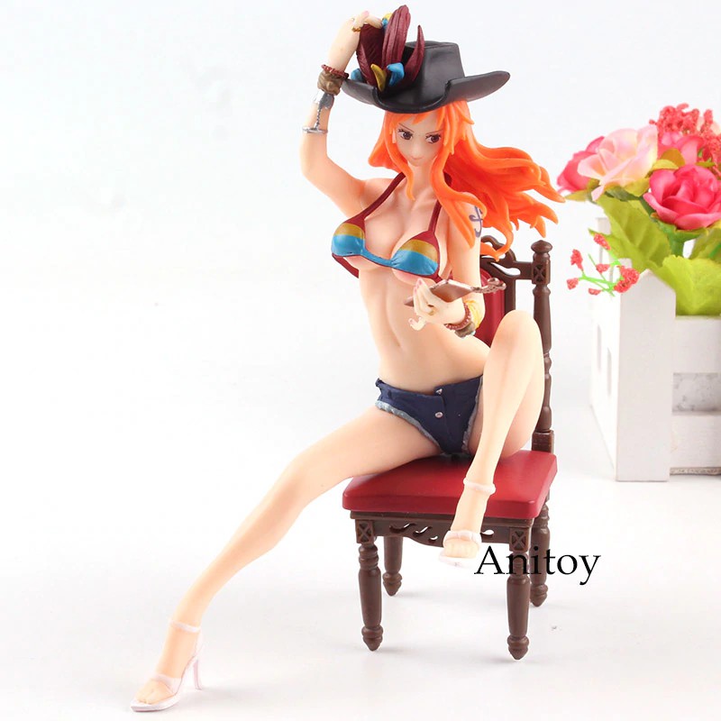 One Piece Figure One Piece Anime Nami Action Figure Sexy Nami Figure in Bikini Sitting on Chair Toy 18cm
