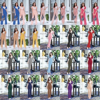 Jumpsuit จั๊มสูทขายาว แขนพอง ตัดต่อผ้าทูโทน อกติดกระดุม สวยหรูดูดีมาก   AP13484