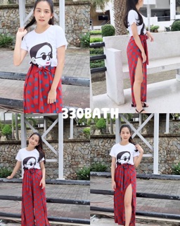 เซตเสื้อ+กางเกงทรงไขว้หน้า-หลัง ผ่าข้าง ลายจุดผ้าไหมพิมพ์ลาย
