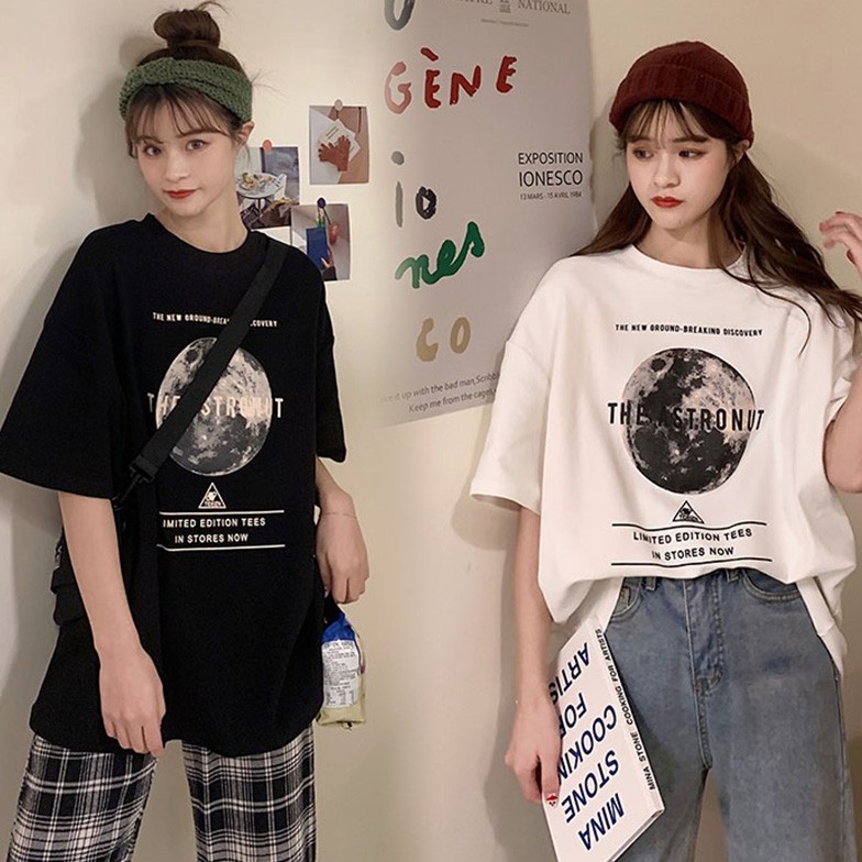 ส่งไวจากไทย SELLDA*เสื้อยืด แขนสั้น ลําลอง ทรงหลวม สไตล์เกาหลี โอเวอร์ไซซ์ลายใหม:ดำ, ไซซ์ L