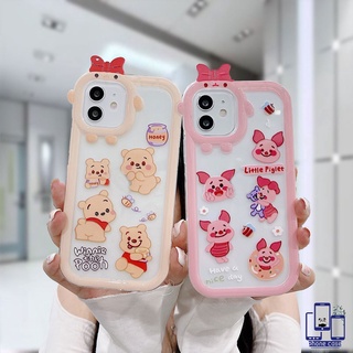 เคสโทรศัพท์มือถือ แบบนิ่ม ลายการ์ตูนหมีพูห์ 3D ประดับโบว์ สําหรับ IPhone 14 13 12 11 PRO MAX 6 7 6S 8 Plus X XR XS MAX 11 12 13 mini Se 2020 6SP 7P 6P 8P XSMAX