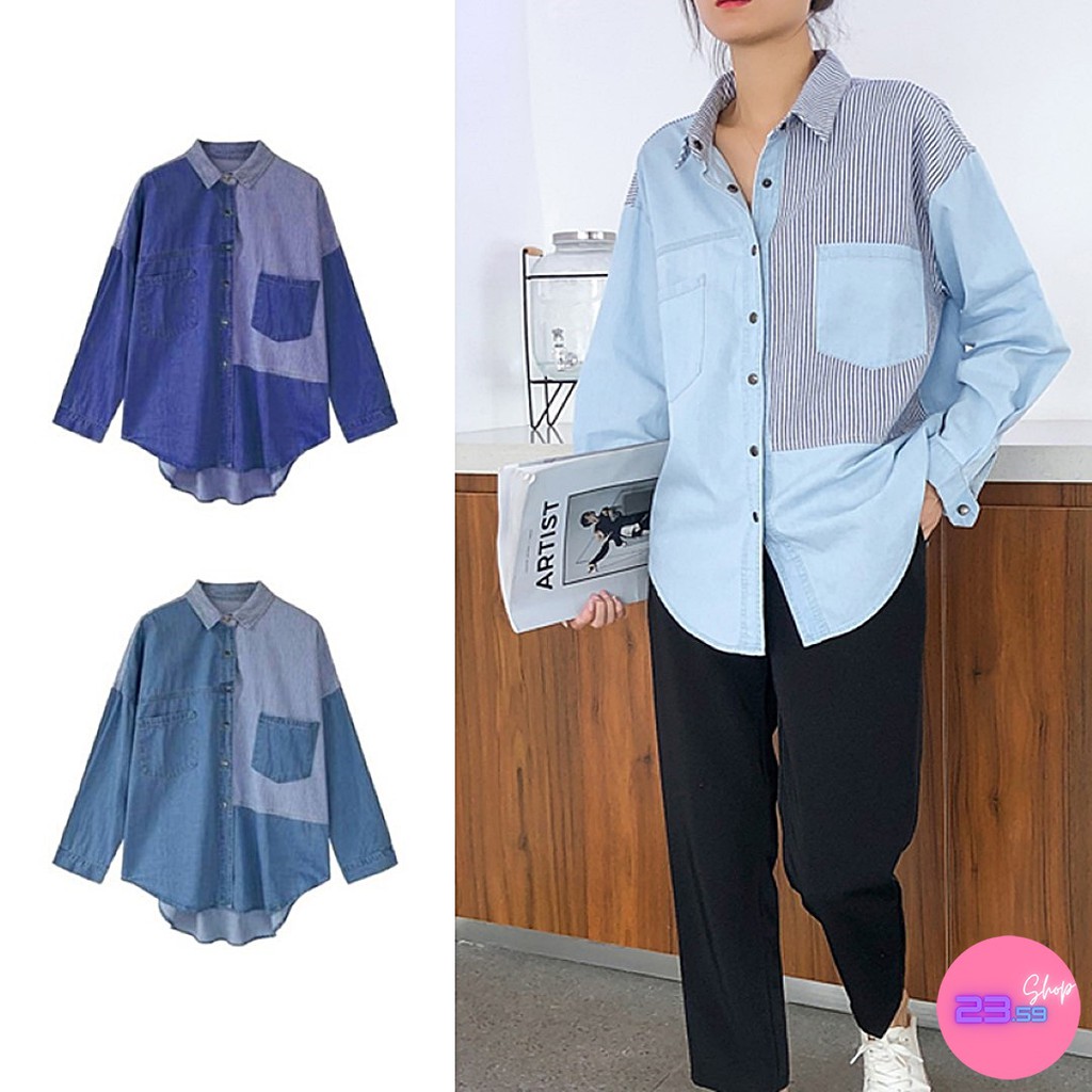 Sale80% เสื้อเชิ้ตแขนยาวลายริ้วทูโทน สียีนส์