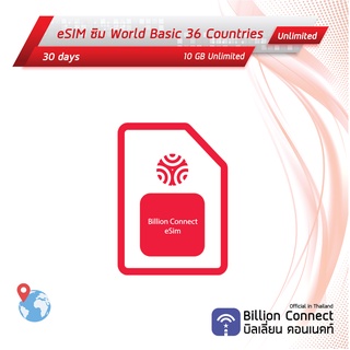 eSIM World Basic 36 Countries Sim Card Unlimited 10GB: ซิมโลก 30 วัน by ซิมต่างประเทศ Billion Connect