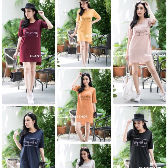 TD0019 เดรสคอกลมแขนสั้น  สกรีน  Stay with me       (ผ้ารังผึ้ง) Top basic style โทนสีพาสเทล 13 สี งา