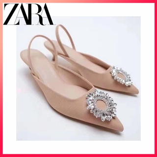 Zara รองเท้าลําลอง ส้นเตี้ย หัวแหลม ประดับพลอยเทียม สําหรับผู้หญิง