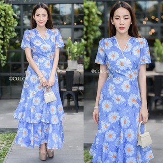 พร้อมส่ง-Colorvine Maxi Dressพิมลายน่ารักมากๆ แขนพอง มีเชือกผูกเอว ทรงสวยเข้ารูป งานซิปหลังผ้าเนื้อดี ซับหนา