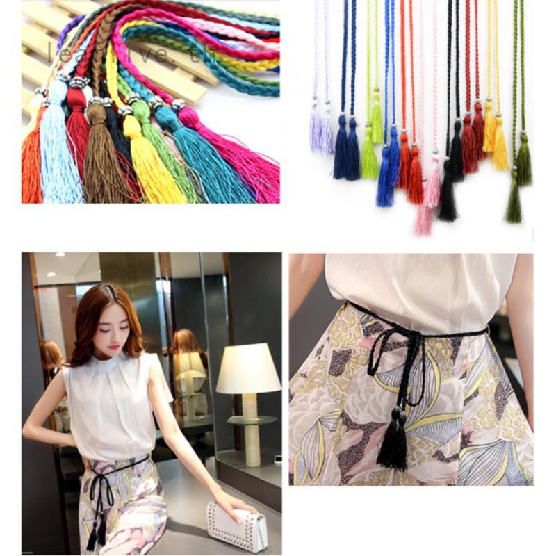 Chic Women Ladies Braided Belt Cotton Tassel Self-Tie Thin Waist Rope Belt