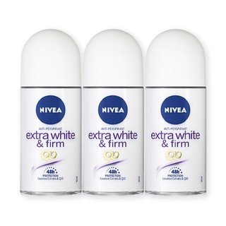 🔥HOT🔥 นีเวีย เอ็กซ์ตร้า ไวท์ แอนด์ เฟิร์ม คิวเท็น โรลออน 50 มล. แพ็ค 3 ขวด Nivea Extra White And Firm Q10 50 ml x 3