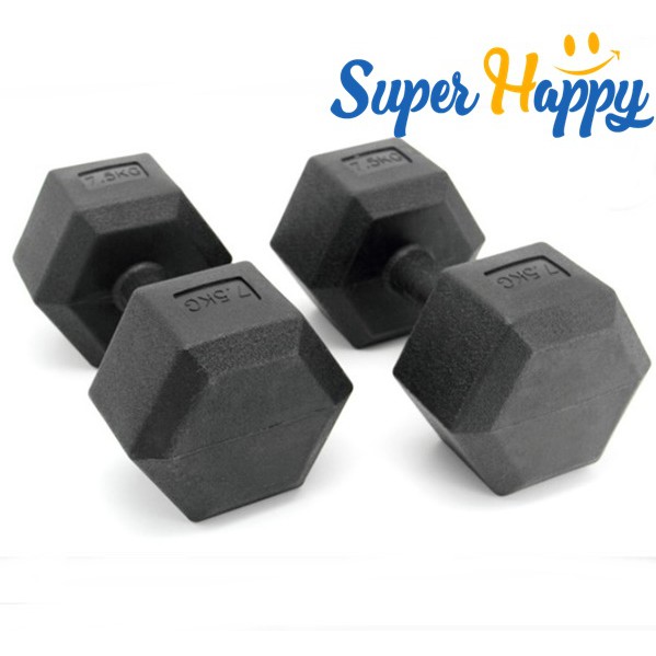 🔥PVC Hex Dumbbell 7.5KG x2 ดัมเบล ดัมเบลหกเหลี่ยม ดัมเบลยาง สีดำ (1 คู่)💯