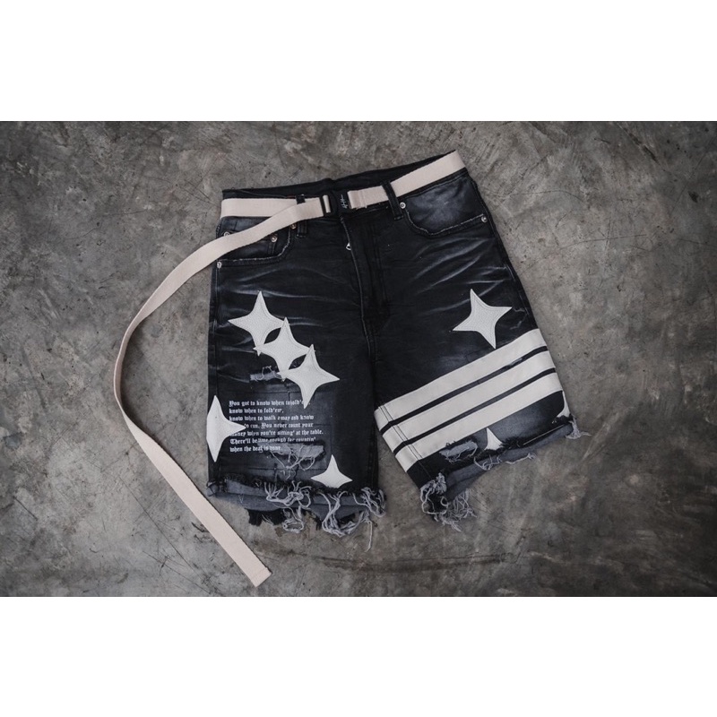 ✅ของแท้100%✅ Holdem DarkSide♠️ Destroyed Denim shorts (Diamond Leather Patch)