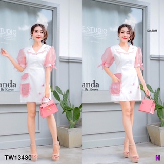 13430 เดรส คอปก แขนพองผ้าแก้วซีทรู สีทูโทน แต่งผีเสื้อ Dress, collar, puff sleeves, see-through glass fabric, two tone