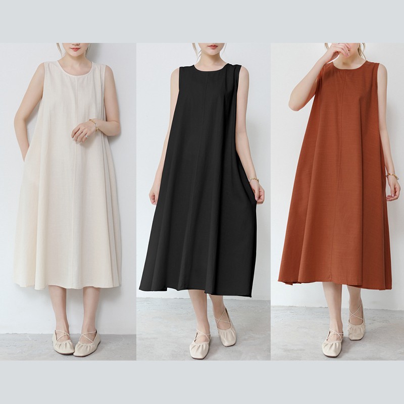 เดรสยาวสไตล์MUJI ผ้าลินินผสมผ้าฝ้าย ทรงเอ อก40”