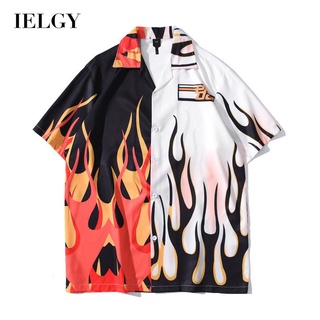 Ielgy เสื้อเชิ้ตแขนสั้น ทรงหลวม สไตล์ญี่ปุ่น ฮาวาย ย้อนยุค สําหรับผู้ชาย