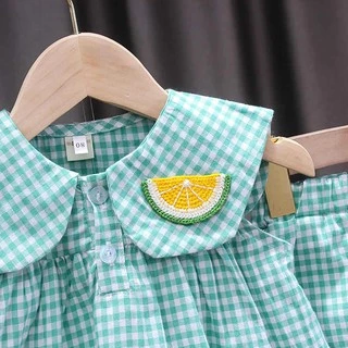 Babyonline (Y133)I2 (ส่งด่วน1วัน)ชุดเซ็ต2ชิ้นเสื้อกางเกงขาสั้นสำหรับเด็กผู้หญิงลายสก็อต ผ้าฝ้าย
