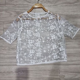 เสื้อขาวลูกไม้โปร่งคอกลมแขนสั้นอก38ยาว20(งานมือสอง)