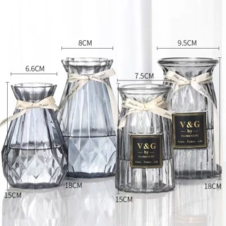 แจกันดอกไม้แก้ว vase โปร่งใสแจกันยุโรปห้องนั่งเล่นที่เรียบง่ายตกแต่ง แจกันทรงเพรช+โบว์สุดน่ารัก