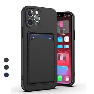 เคสโทรศัพท์มือถือ ซิลิโคน กันกระแทก พร้อมช่องใส่บัตร สีพื้น สําหรับ iPhone 13 pro 12 pro max xs max 11 pro max xr x xs 7 8 plus