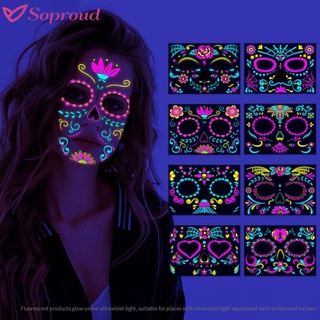 Fluorescent Halloween Face Tattoo Sticker Day of The Dead Funny Temporary Neon Face Sticker for Festival Masquerade Party Makeup