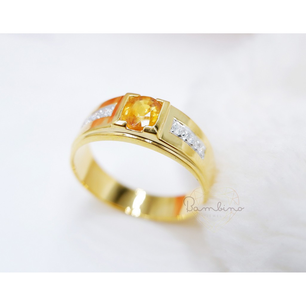 📍สั่งทำจัดส่งภายใน 7วัน แหวนชายทองคำแท้18K พลอยบุษราคัม ก้านแหวนประดับเพชร
