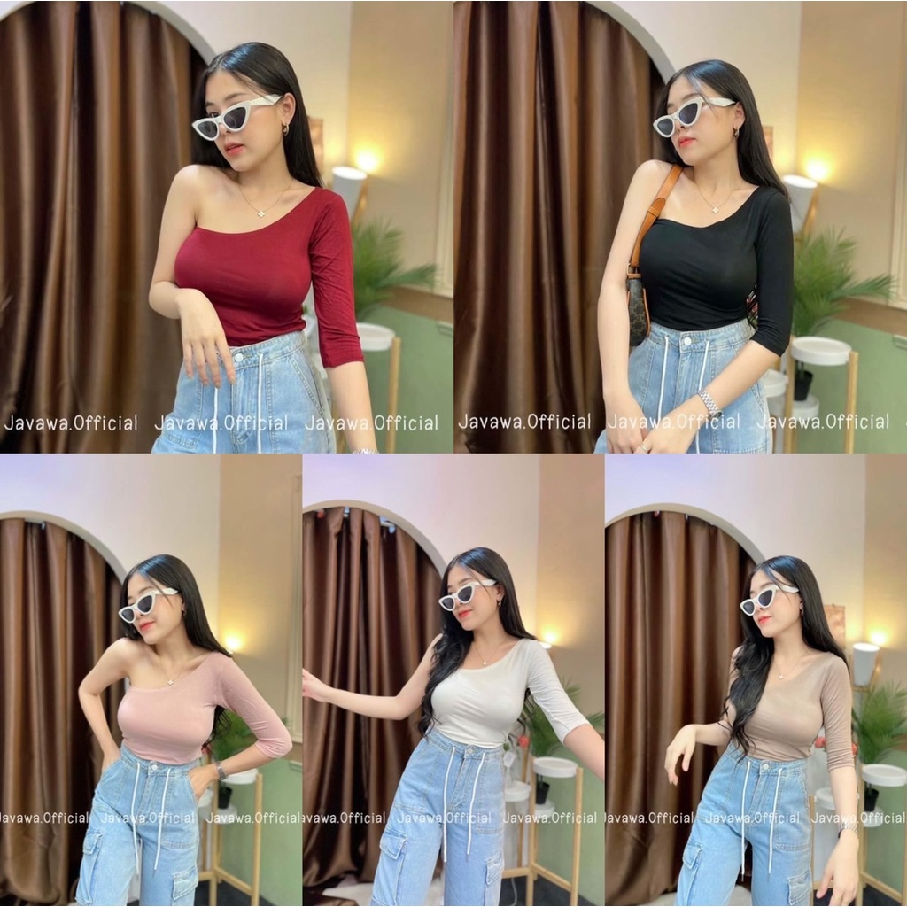 🔥Java wa shop 🔥(A41)เสื้อเรย่อนเบี่ยงไหล่ข้างเดียว ปาดไหล่ ไหล่เดียว เดียวแขนยาว